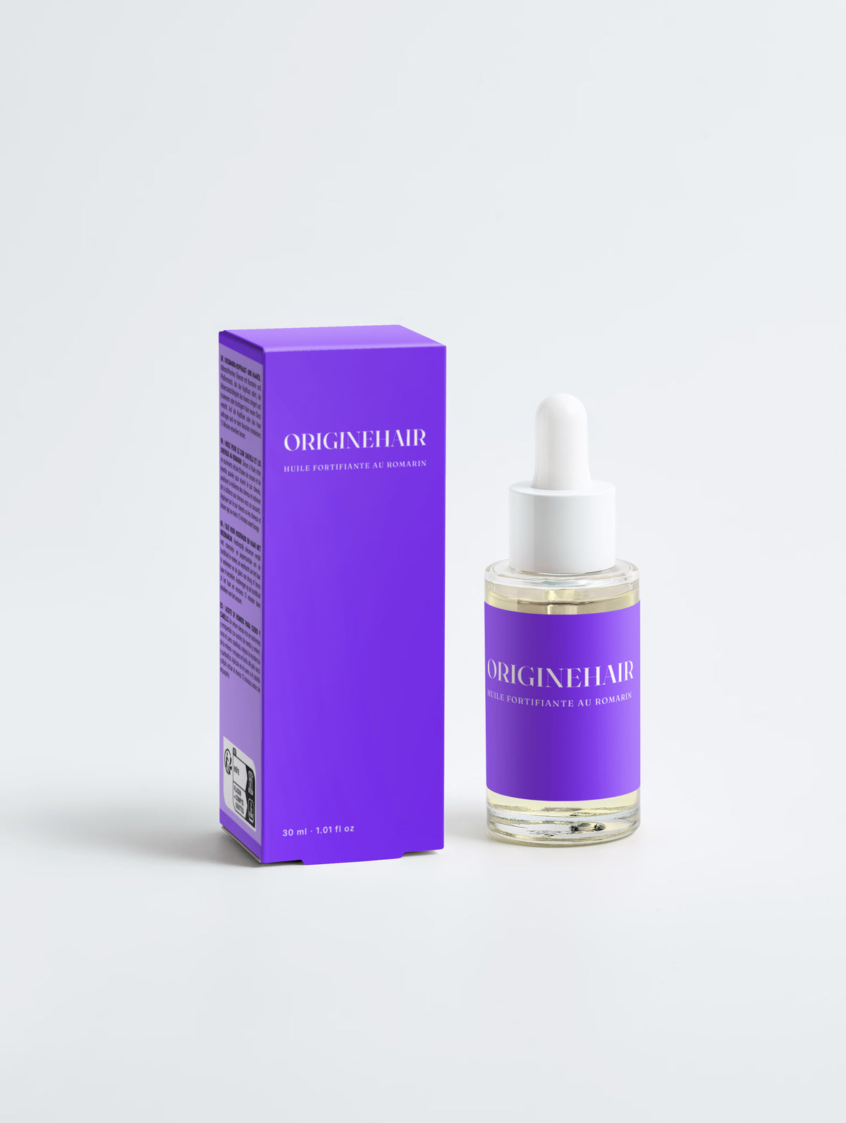 Huile fortifiante au romarin ORIGINEHAIR, flacon 30 ml et sa boîte violette