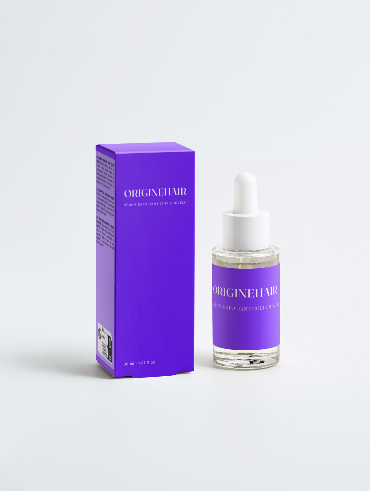 Sérum exfoliant cuir chevelu ORIGINEHAIR, flacon 30 ml et sa boîte violette