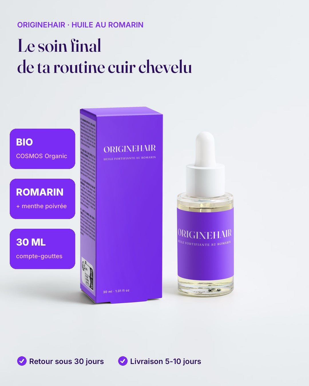 ORIGINEHAIR, huile fortifiante au romarin 30 ml : flacon compte-gouttes et boîte violette