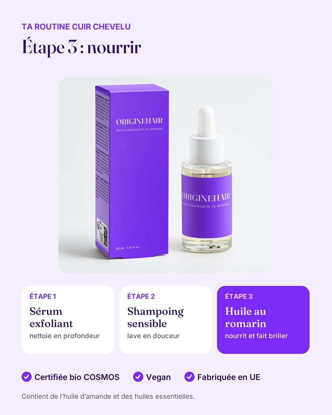 Routine cuir chevelu ORIGINEHAIR en 3 étapes : sérum, shampoing, huile au romarin