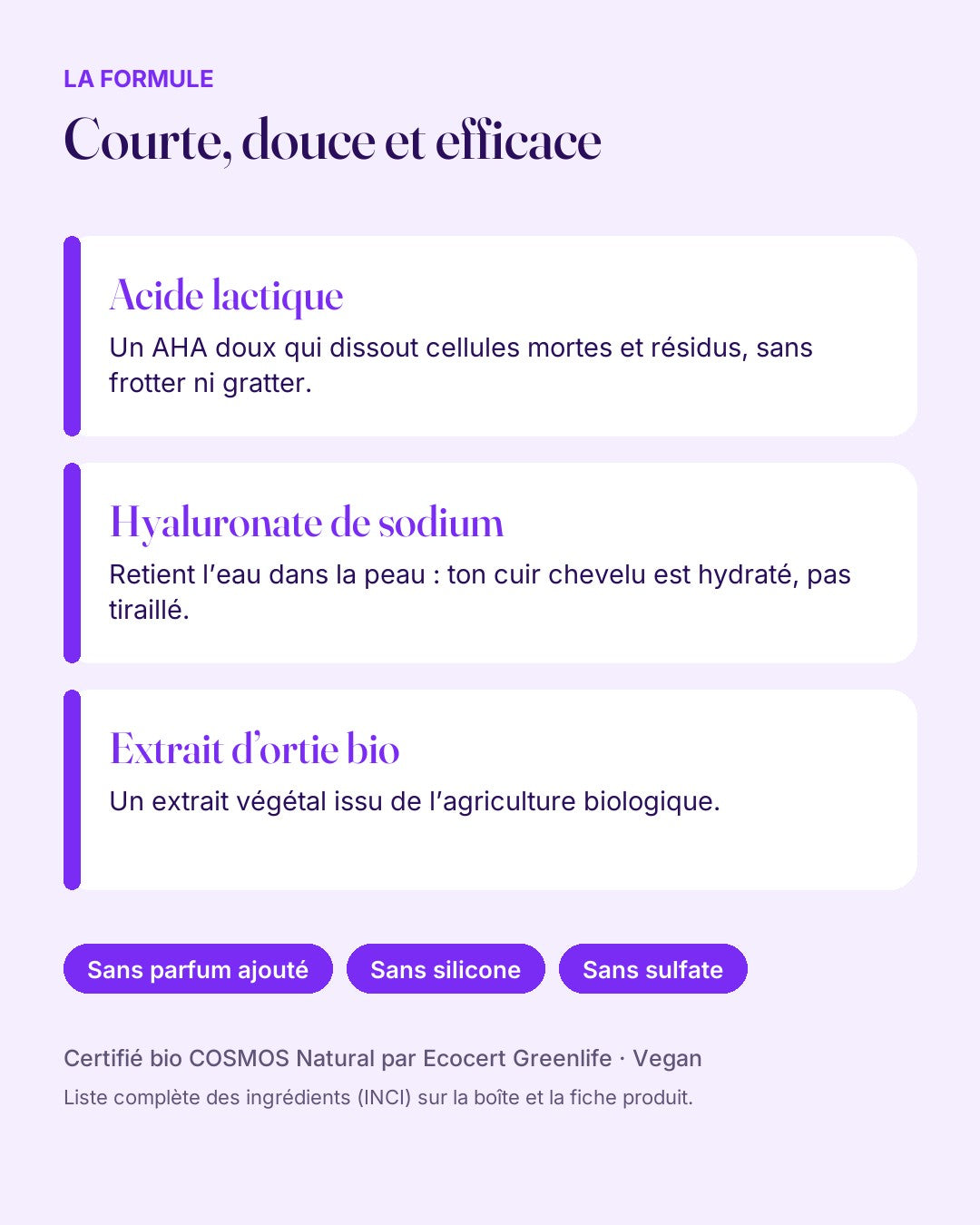 Formule ORIGINEHAIR : acide lactique, hyaluronate de sodium, extrait d'ortie bio