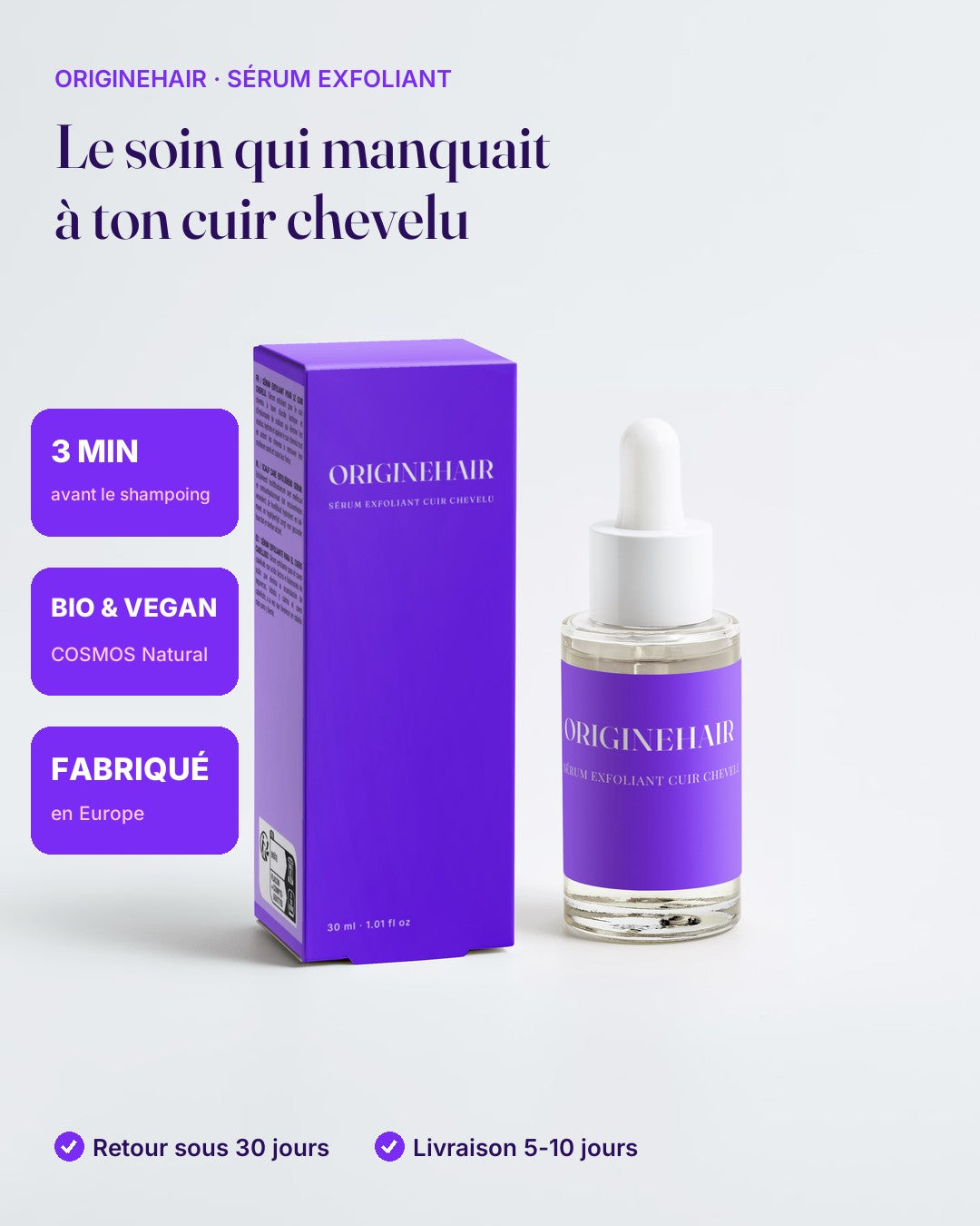 ORIGINEHAIR, sérum exfoliant cuir chevelu 30 ml : flacon et boîte violette