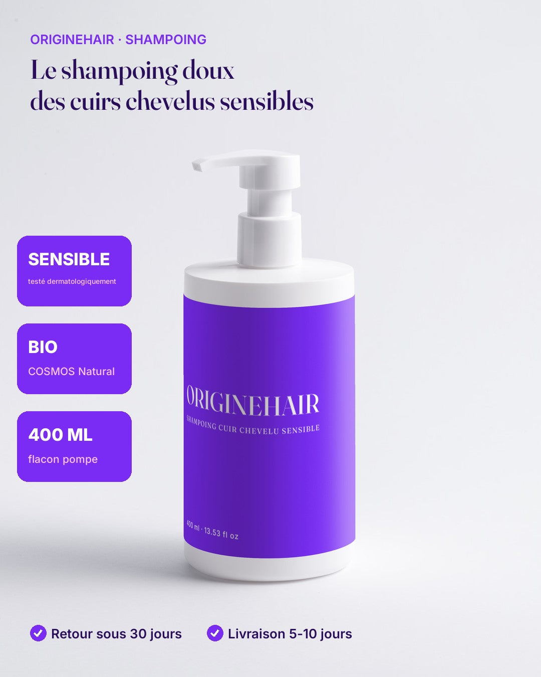 Shampoing cuir chevelu sensible ORIGINEHAIR, flacon pompe violet 400 ml